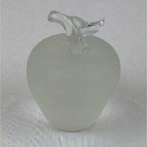 Vintage Frosted Apple Paperweight Art Glass Stem Leaf Clear Desk Decor